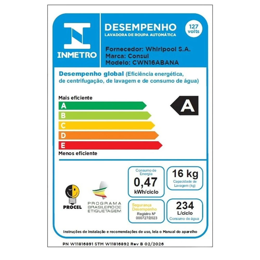 Lavadora de Roupas Consul 16Kg com Modo Eco Branca CWN16AB - 127 Volts